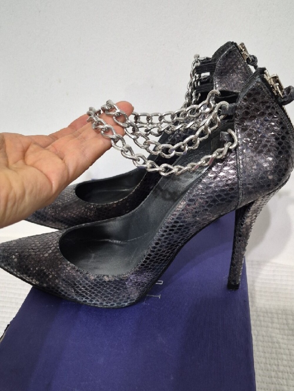 Stuart Weitzman Black Textured Pointed-Toe Pumps with Silver Chains - Picture 3 of 12